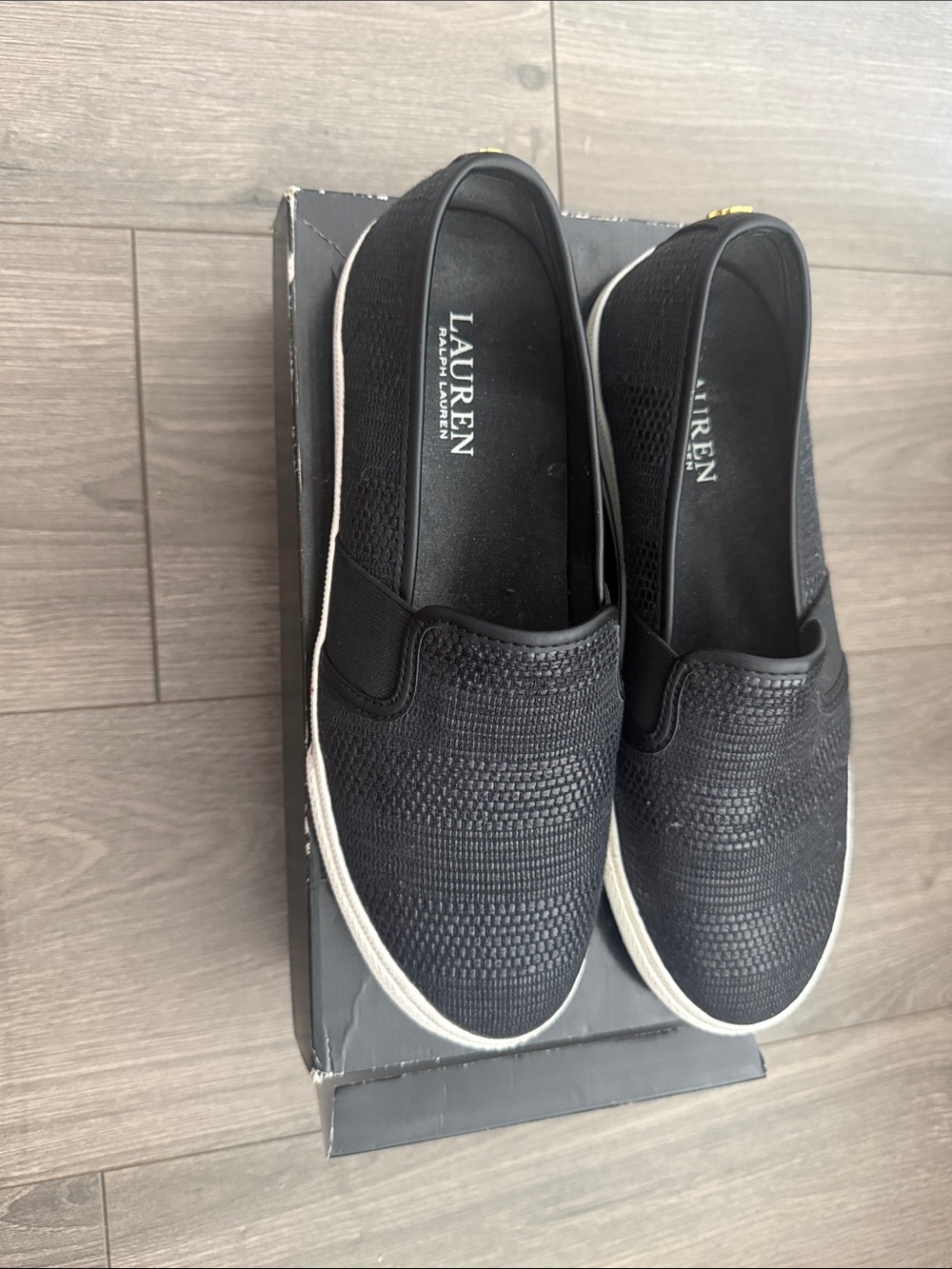 Lauren Ralph Lauren Black Knit Slip-On Sneakers with White Sole